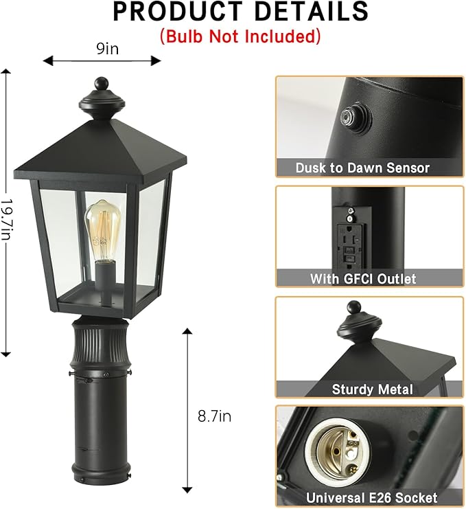 Outdoor Post Light with GFCI Outlet Dusk to Dawn Aluminum Pole Lantern with Built-In Weatherproof Socket IP65 Waterproof Post Light Fixture with Clear Glass Shade Black for Yard Pathway Garden