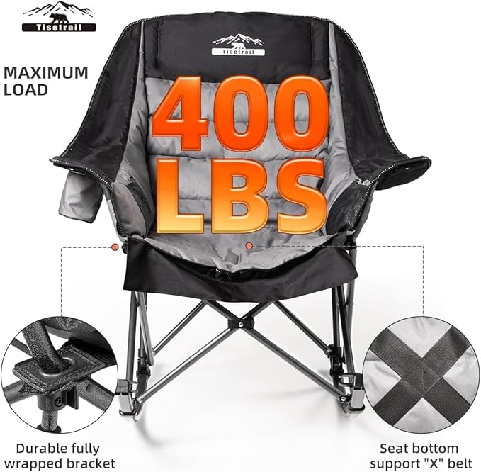 Oversized Rocking Camping Chairs Set of 2 Fully Padded Camp Chairs for Adults with Side Pocket and Cup Holder Heavy-Duty 400lbs Capacity Black &amp Gray