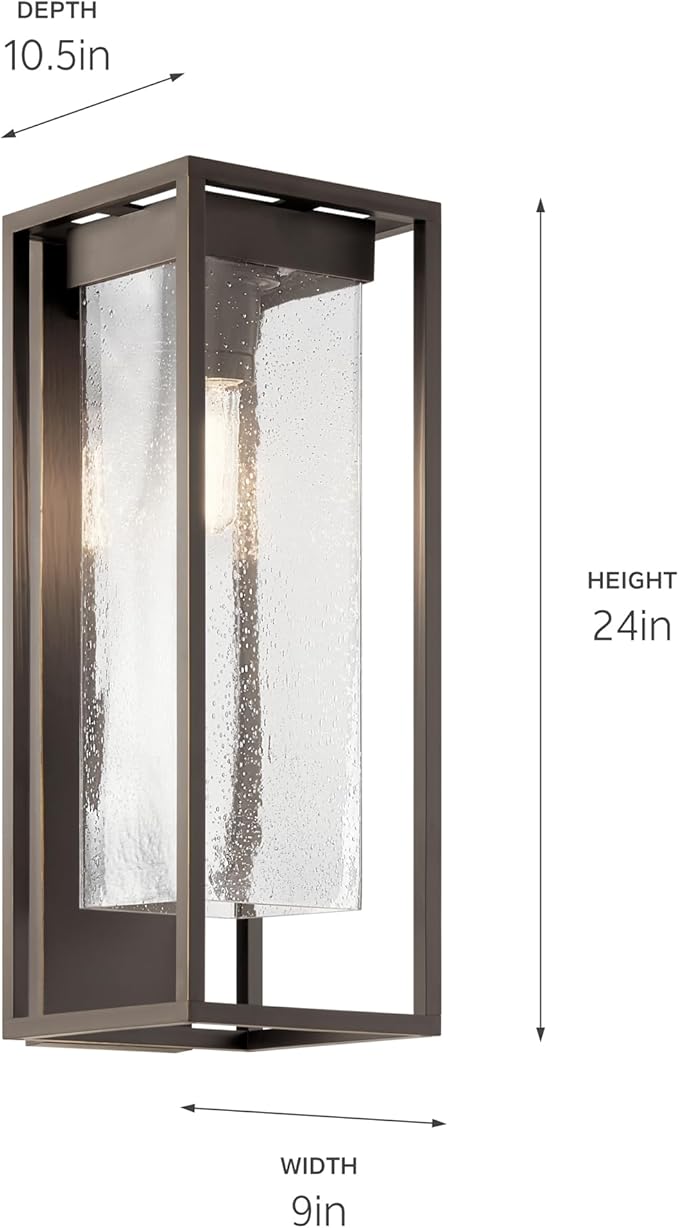 KICHLER Mercer 24 Outdoor Lantern Modern Industrial 1 Light Wall Light Fixture with Clear Seeded Glass in Olde Bronze for Porch Patio or Garage Entrance (10.5 x 9 x 24) 59063OZ