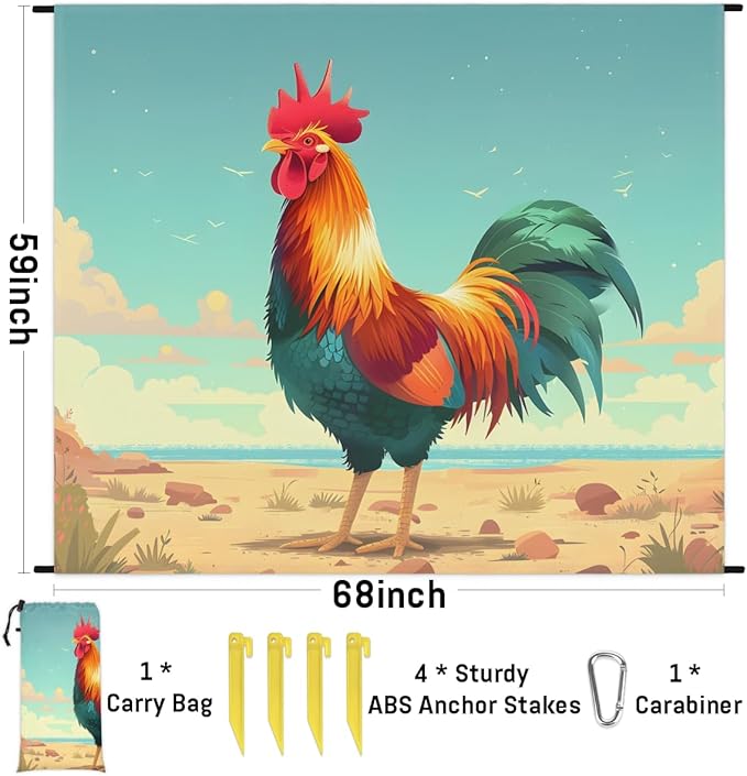 Waterproof Sandproof Beach Blanket 59''×68'' Animal Polyester Outdoor Picnic Blanket with 4 Stakes &amp Storage Bag for BeachCampingVacation Rooster