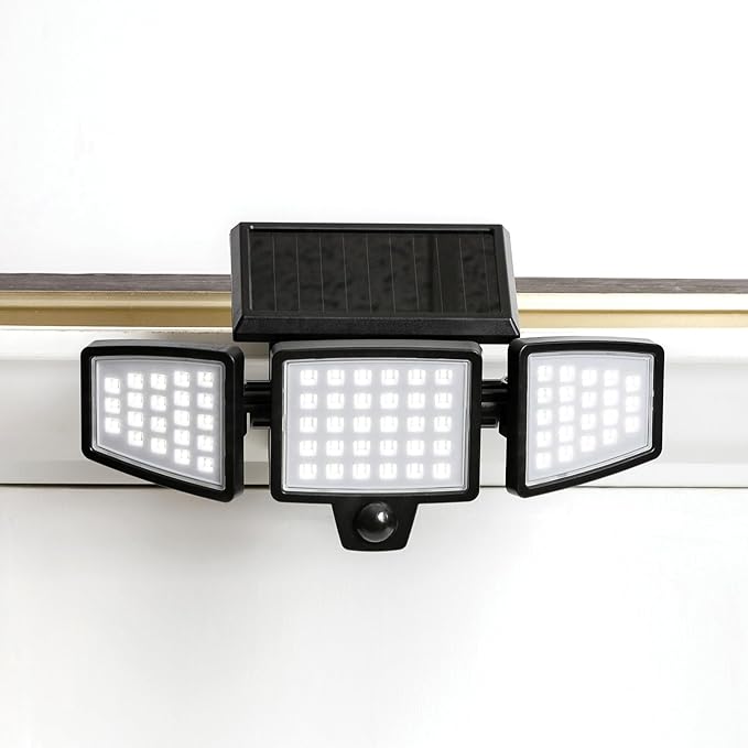 Insert Solar Lights AMS1971 1000 Lumens Motion-Activated Triple-Head Solar-Powered Security Light with Tool-Free Gutter Mount Bracket (Black)