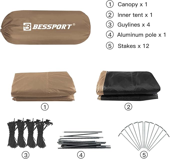Bessport Camping Tent for 3 Person and Bessport Tent Waterproof Camping Tarp with Drawstring Carrying Bag for Picnic Hiking and Other Outdoor Activities