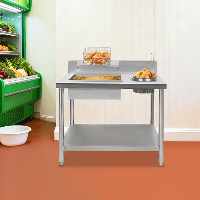 Breading Table Fried Chicken Preparation Commercial Stainless Steel Fried Food Prep Breading Station Breading Work Table w/Basket Undershelf for Restaurant Kitchen Fried Chicken Burger Shop