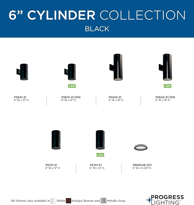 Progress Lighting 6-in Cylinder Outdoor Ceiling Light 1-Light Modern Flush Mount Interior and Exterior Home or Porch Aluminum 6 W x 12. H Black P5741-31