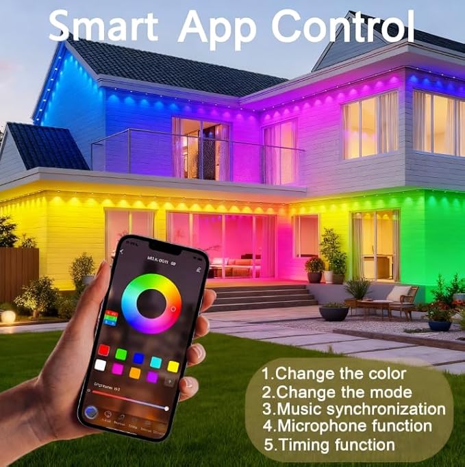Permanent Outdoor LightsSmart RGB Outdoor Lights with Remote APP Control54ft with 36 LED(5v) IP67 Waterproof Outside Light for House for Holiday Party Daily(unconnectable)