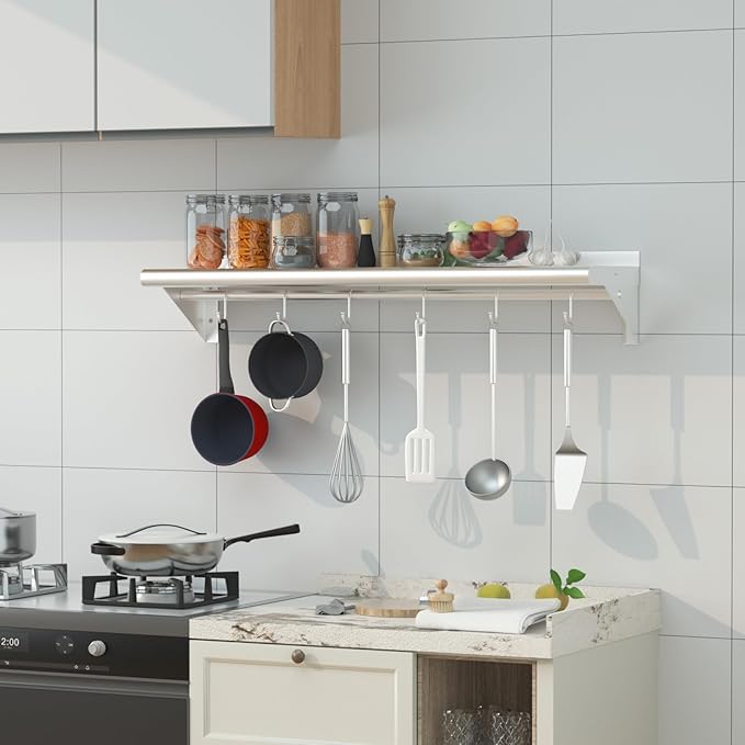 Treshin Stainless Steel Shelf with 6 Hooks 12 x 48 Inches Commercial Wall Mount Floating Shelving Storage Pot Rack for Restaurant Kitchen Home Bar and Hotel