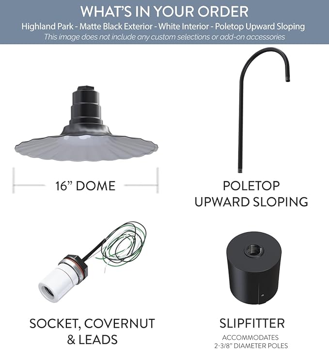 Steel Lighting Co. Highland Park Light | Pole Top Mounted | 16 Radial Wave | Upslope Gooseneck with Slip Fitter for 2-3/8 Standard Poles | Made in America | Matte Black Exterior/White Interior