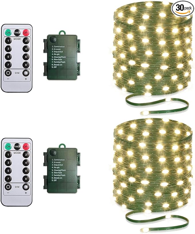 33ft Battery Operated String Lights (2 Pack) 100 LED Fairy String Lights Battery Powered w/Remote &amp Timer for Indoor Outdoor Christmas Trees Wreath Decoration Bedroom Patio - Warm White