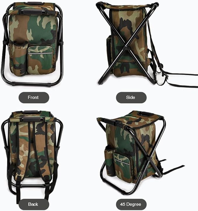 Portable Hiking Camouflage Camping Stool Folding Camping Chair Stool Backpack with Cooler Insulated Picnic Bag