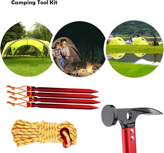 Haploon 12 Pack Tent Stake and Hammer Camping Accessories Kit Aluminum Tent Mallet Stake Hammer with 7 Inch Metal Tent Pegs Nylon Guyline Rope 4x13ft with Cord Adjuster and Canvas Storage Bag