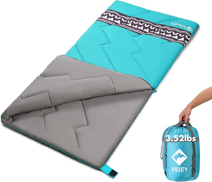 VILLEY Camping Sleeping Bag Lightweight Backpacking Sleeping Bag with Compression Sack for Adults &amp Kids Outdoor Camping Hiking Equipment for 3 Season Warm &amp Cool Weather - Summer Spring F