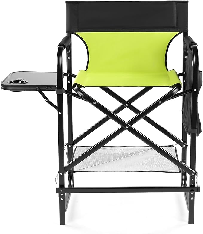 Tall Camping Directors Chair 26 Portable Folding Artist Makeup Chair with Side Table Pocket Footrest Concert Outdoor Foldable Camp Lawn Chairs (Neon Green)