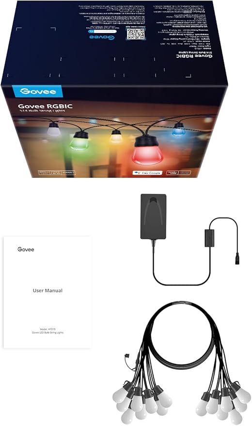 Govee Smart Outdoor String Lights H7015 48ft RGBIC Outdoor Lights with 15 Dimmable LED Bulbs IP65 Waterproof Color Changing Warm White Lights with 47 Scene Modes for Patio Backyard App Control