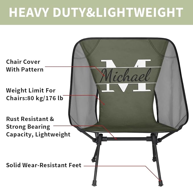 Custom Lightweight Camping Chair with Name Personalized Backpacking Chair Portable Folding Chairs for Patio Camp Hiking Picnic Travel