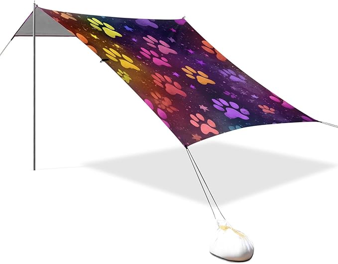 ALAZA Colorful Paw Print Stars Beach Tent Sun Shelter UPF50+ Protection Beach Shade Canopy w/ 4 Sandbags for Outdoor Camping Fishing Backyard Fun Picnic 10x9 ft