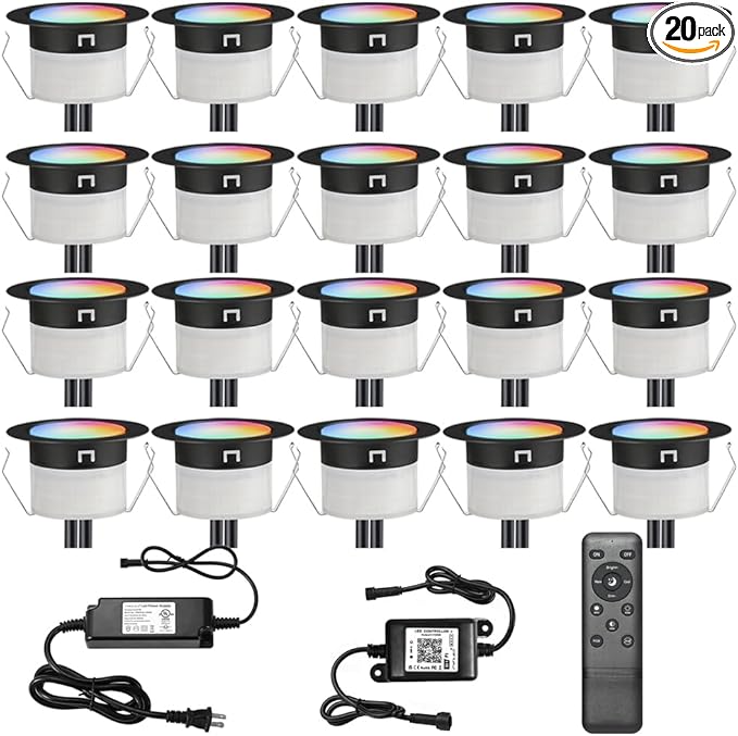 Sumaote LED Deck Lights Kit 20Pcs 1.22 WiFi Smart Phone Control Recessed RGBW Deck Stair Lighting IP67 Waterproof Outdoor Low Voltage Landscape Lighting for Steps Path Pool Side Black