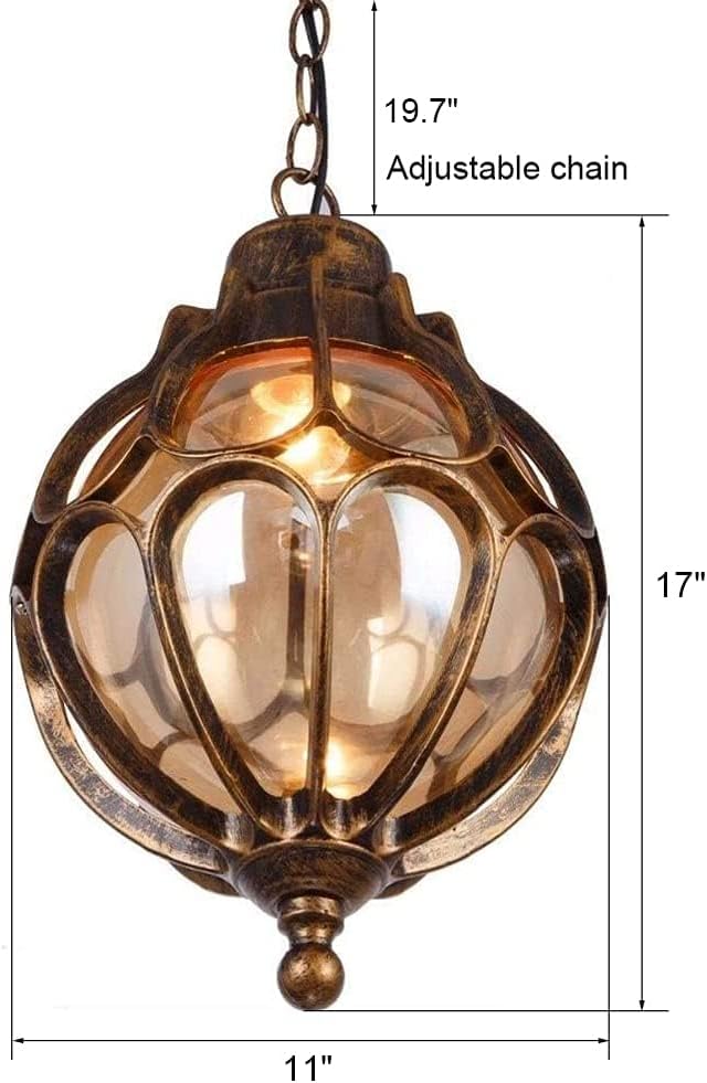SLAWA Outdoor Pendant Lights for Porch Vintage Exterior Hanging Lantern with Spherical Glass Lampshade Bronze Aluminum Fixture for Gazebo Entry Yard