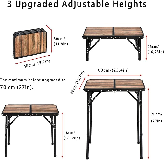 Mini Folding Camping Table - 2ft Lightweight Adjustable Height with Carry Handle Anti-Stain Desktop for Outdoor Glamping/Picnic/Patio &amp Indoor Decor (24 L×16 W)