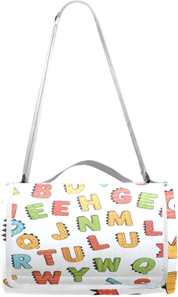 MNSRUU Picnic Blanket Waterproof Foldable ABC Simple Cartoon Large Outdoor Picnic Beach Camping Blanket Travel Mat Shoulder Strap Tote Rectangle 57x59in