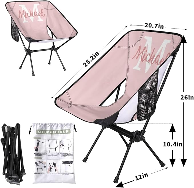Custom Pink Portable Camping Chair Personalized Backpacking Chair with Name Lightweight Foldable Chairs for Hiking Beach