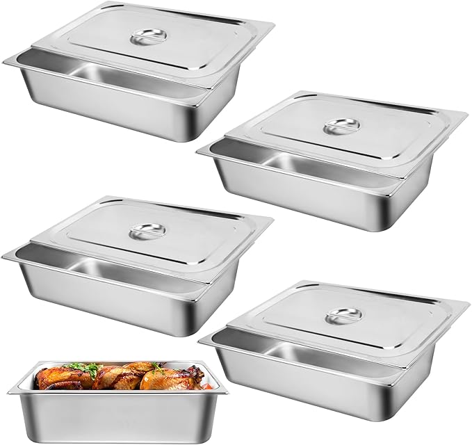 Hotel Pan Full Size Steam Table Pan 6 Deep Stainless Steam Table Pan with Lid Full Size Food Pan 20.8 L x 13 W Anti Jam Stainless Steel Buffet Pan Commercial Stainless Steel Pan (4 Pack)
