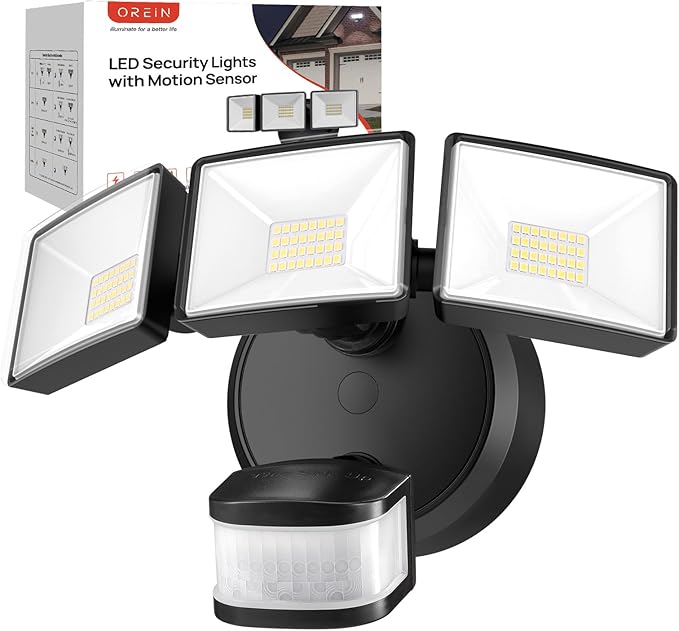 OREiN Motion Sensor Outdoor Flood Light 42W 6500LM Super Bright LED Security Light Dusk to Dawn/Auto/Manual Modes IP65 Waterproof Hardwired Floodlight for Yard Garage Porch Driveway