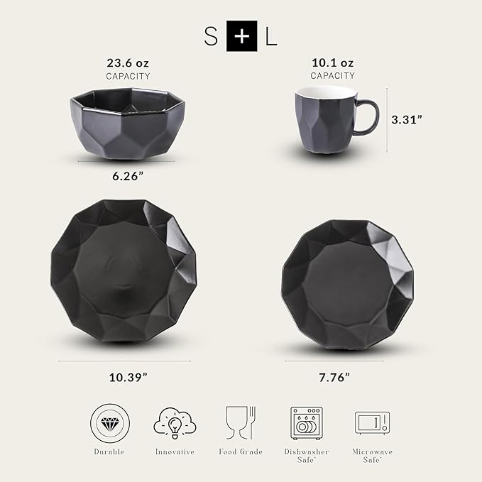 Stone + Lain Jamie Porcelain 16-Piece Geometric Dinnerware Set Black