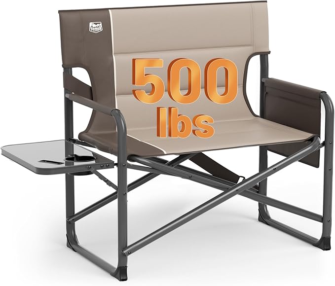 Timber Ridge XXL Director’s Chair – Heavy Duty Folding Camping Chair for Adults 500lb Capacity Extra Wide Padded Seat for Camping Sports Lawn Courtyard and Outdoor Use Tan
