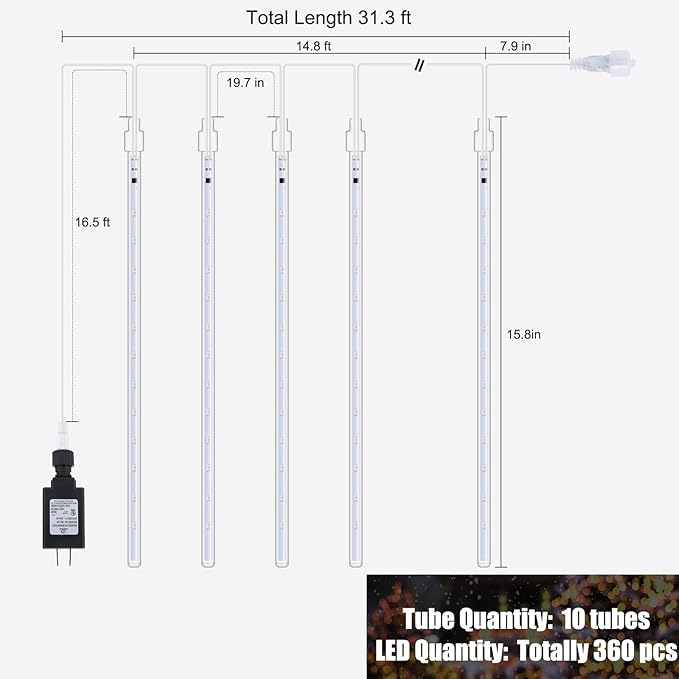 Brightown Christmas Lights Outdoor Meteor Shower Lights Outdoor 16 Inch 10 Tube 360 LED Icicle LightHanging Falling Rain Light for Tree Outside Holiday Xmas Decoration Purple