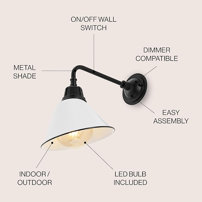 JONATHAN Y 9.63 White/Black 1-Light Farmhouse Outdoor Sconce Industrial LED Wall Light Gooseneck Arm Barn Lamp with Metal Bell Shade for Porch Patio Kitchen LED Bulb Included JYL7612A