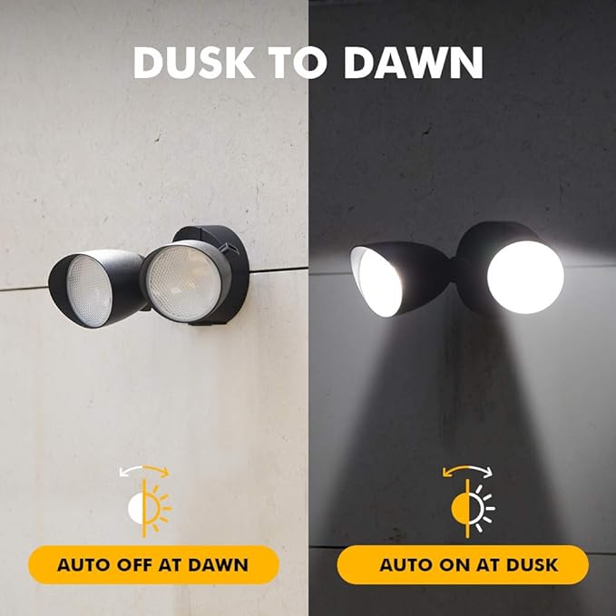 LUTEC 6222B-D2D 3500 Lumen 32 Watt Dusk to Dawn Dual-Head Flood Light Outdoor Waterproof Exterior Security Floodlight Light Full Metal Design for Patio Garden Yard-Black
