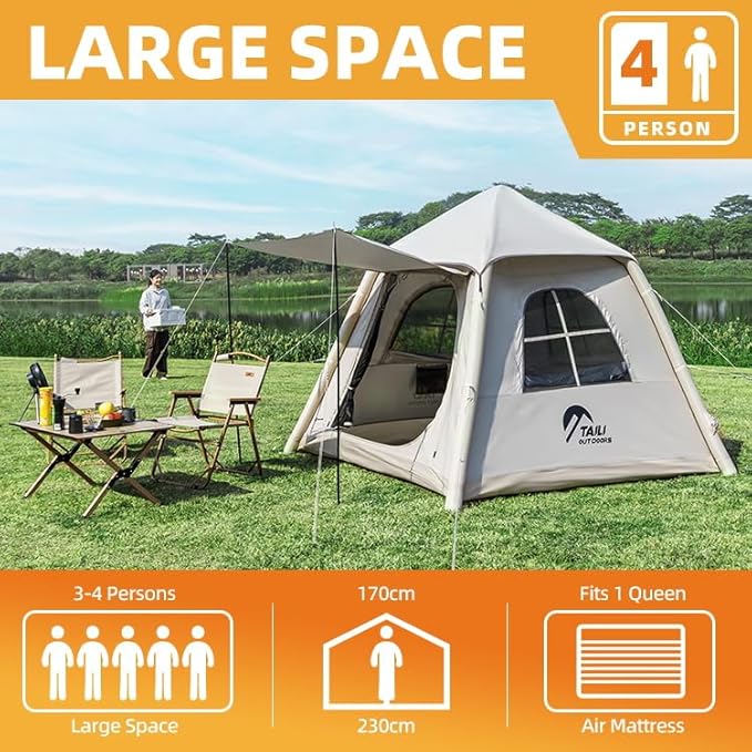 Automatic Inflatable Camping Tent Quick Setup Tent with Electric Air Pump Easy Set up 3-4 Person Blow Up Tents for 4 Seasons Waterproof Windproof Inflatable Tent for Camping