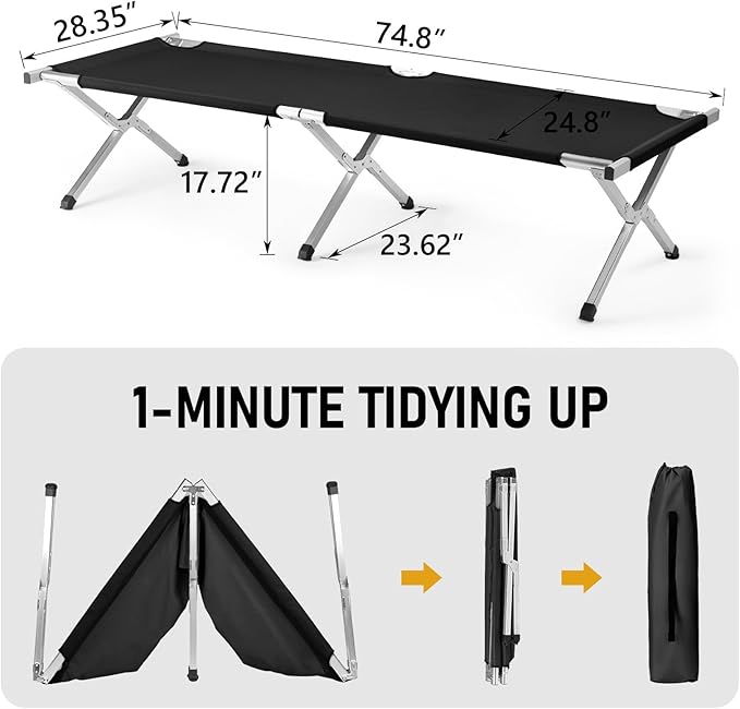 Camp Bed Portable Folding Camping Cot for AdultsIndoor Outdoor Portable Sleeping Cot for Hiking Camping with Carrying Bag Army (Black)