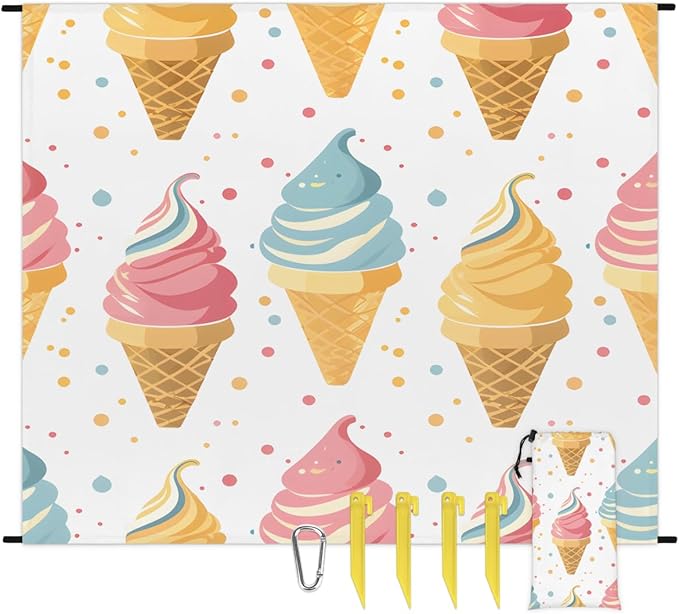Waterproof Sandproof Beach Blanket 59''×68'' Ice Cream Polyester Outdoor Picnic Blanket with 4 Stakes &amp Storage Bag for BeachCampingVacation White Background