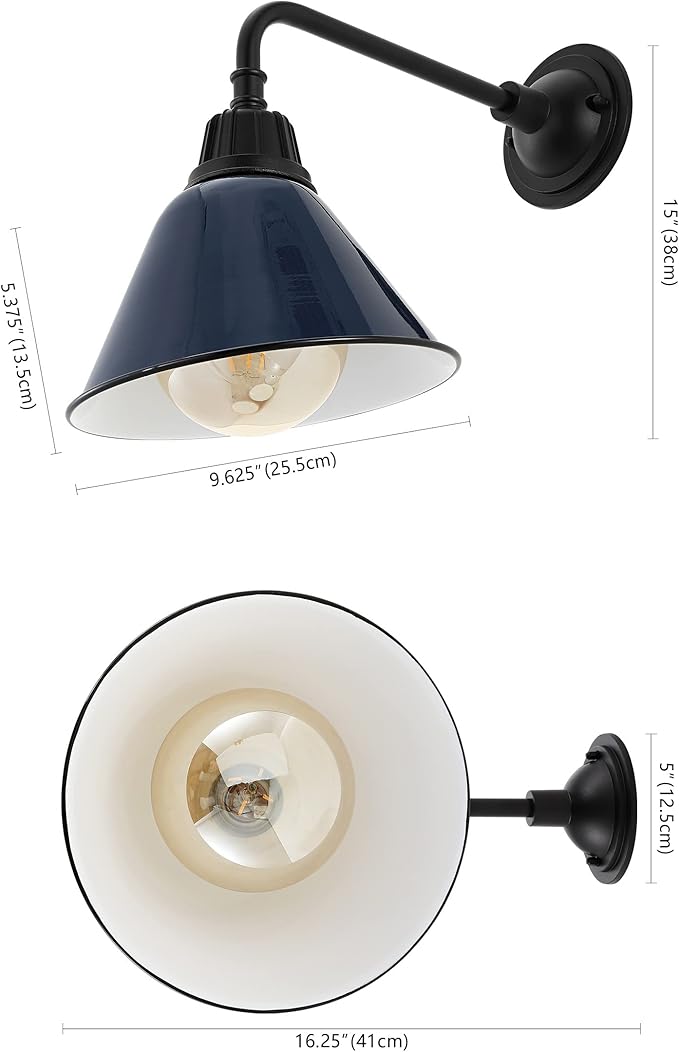 JONATHAN Y 9.63 Navy/Black 1-Light Farmhouse Outdoor Sconce Industrial LED Wall Light Gooseneck Arm Barn Lamp with Metal Bell Shade for Porch Patio Kitchen LED Bulb Included (JYL7612C)