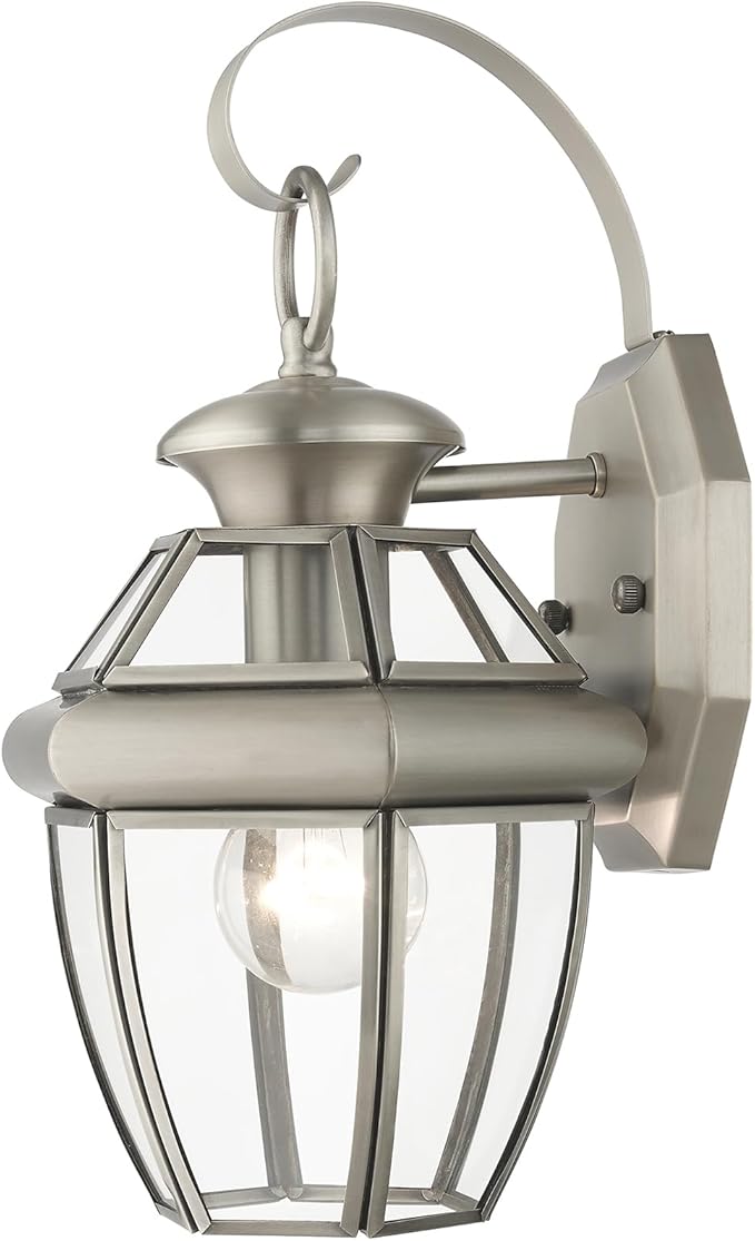 Livex Lighting 2051-91 Monterey 1 Light Outdoor Brushed Nickel Finish Solid Brass Wall Lantern with Clear Beveled Glass