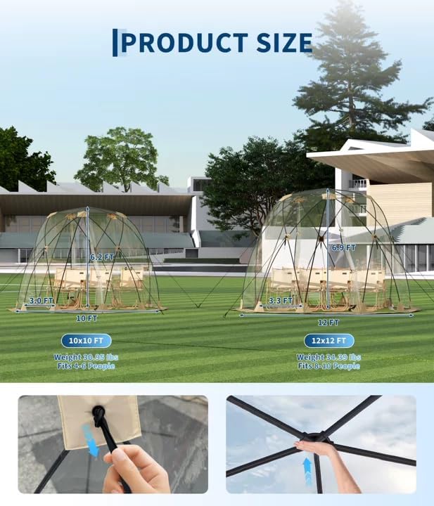 12 x 12 FT Instant Outdoor Clear Bubble Tent 8-10 Person All Weather Sport Tent Instant Rainproof Camping Rain Shelter for Sports Events Patio Fishing 130x130