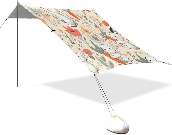 Rabbit Animal Cartoon with Carrot Flower Camping Sun Shelter Beach Tent Portable Beach Sun Shade Outdoor Canopy for Camping Trips Fishing Picnic