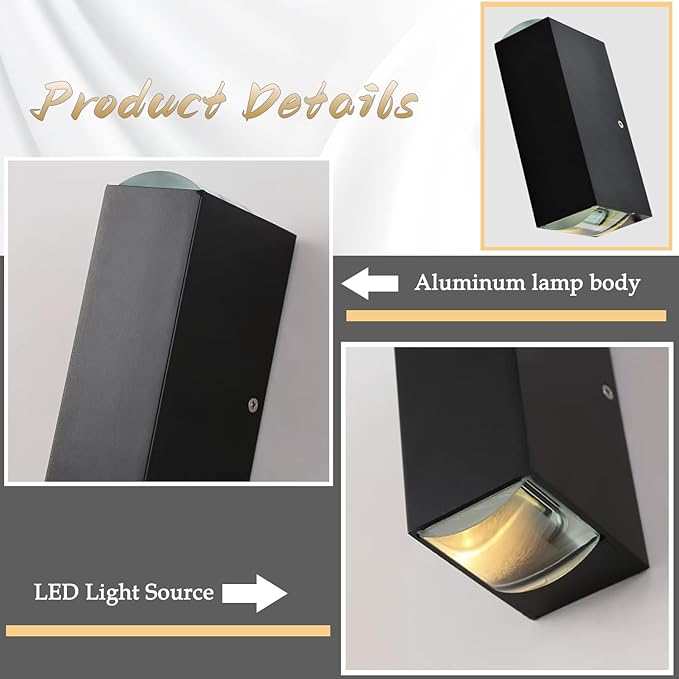 Bofea-Outdoor Waterproof Wall Sconce Black Aluminum Construction with Dual Up/Down LED Lights Outside Wall Lights Ideal for Patio Garden and Porch Lighting(One Main Beam Up and Down)
