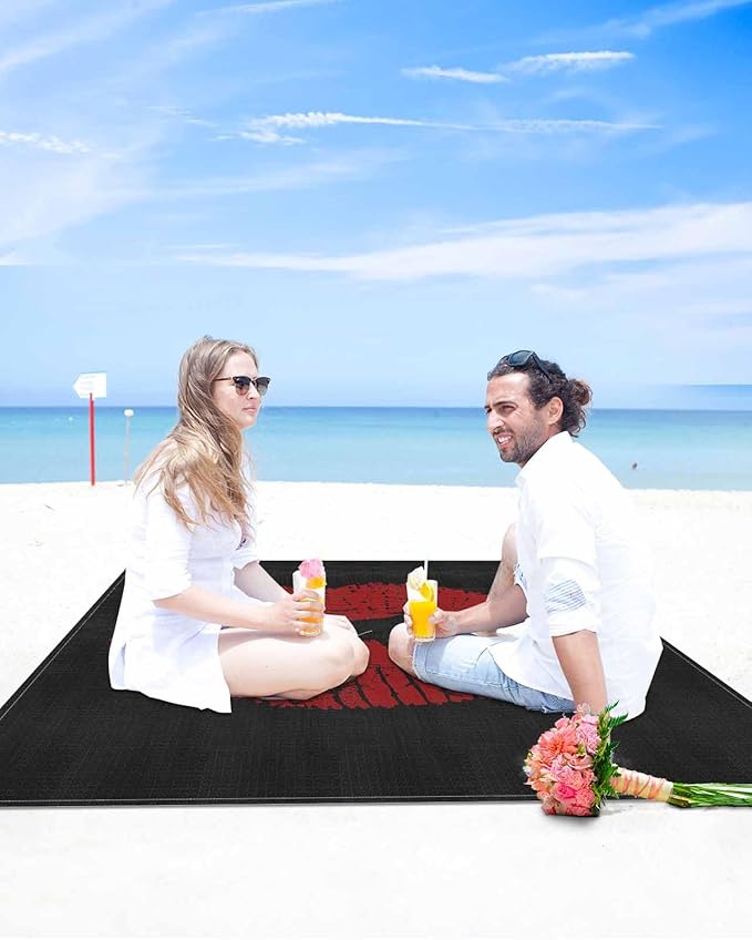 Beach Blanket Waterproof Sandproof Oversized Red Lip Print Kiss Me Beach Mat with Corner Stakes Sand Pockets Black Back Outdoor Picnic Mat for Travel Camping Hiking 83x79In