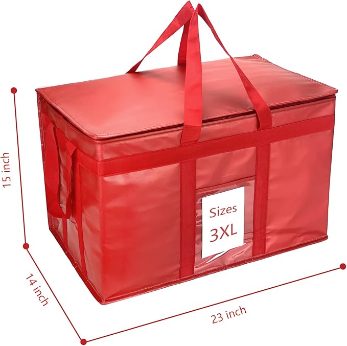 Heavy Duty Insulated Cooler Bag with Lid and Dual Zipper for Reusable Hot and Cold Food Delivery - Insulated Catering Bag (Red 3XL PRO)