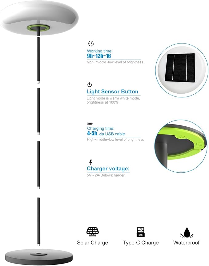 Lightdot Solar Outdoor Floor Lamp for Patio Waterproof USB Rechargeable Cordless Floor Lamp with 3 Brightness ModesHeight Adjustable(Max 74IN)Warm White 3000k Standing Solar Lights for Yard Garden