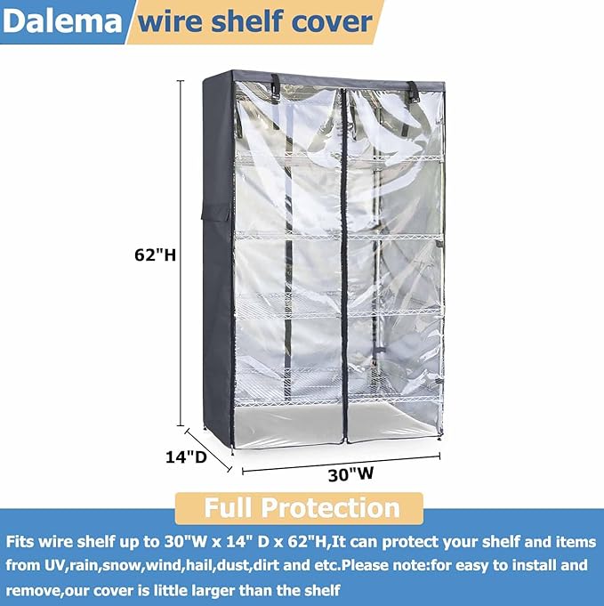 Waterproof Shelf Cover600D Heavy Duty Dustproof Storage Wire Rack CoversOutdoor Shelving Covers for Wire Shelves with Zipper 30''x14''x62''Clear Front.