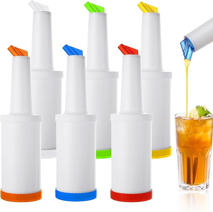 SHUESS 6 Pack Bar Juice Pour Bottles Juice Pourers for Bartending Store and Pour Containers Plastic Juice Dispensers for Bar Liquor Juice Store (34 Ounces Multicolor)
