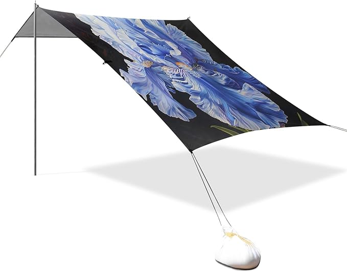 ALAZA Blue Iris Flower Painting Beach Tent Sun Shelter UPF50+ Protection Beach Shade Canopy w/ 4 Sandbags for Outdoor Camping Fishing Backyard Fun Picnic 10x9 ft
