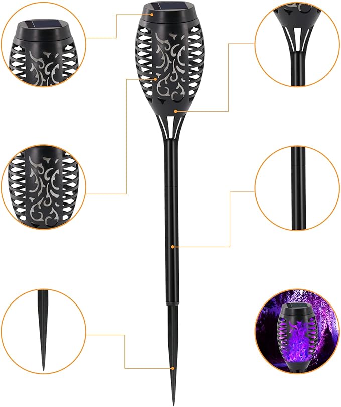 Halloween Decorations Outdoor 12 Pack Purple Solar Lights Outdoor Waterproof 12 LED Mini Tiki Torch Lights with Flickering Flame for Outside Landscape Garden Pathway Dusk to Dawn Auto On/Off