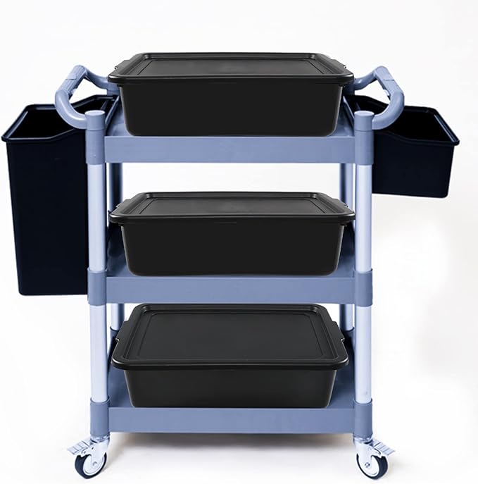 3-Pack Plastic Bus Tubs with Lid 13 L Commercial Bus Box with Lid Black