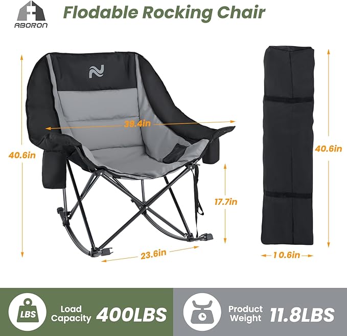 ABORON Oversized Rocking Camping Chair for Adults Fully Padded Folding Outdoor Lawn Chair with Cooler Bag &amp Side Pocket Portable Recliner Chair for Camp Patio Backyard Supports 400 lbs
