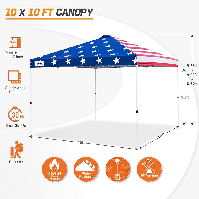 EAGLE PEAK Pop Up Canopy Tent with Wheeled Carry Bag 8 Stakes 4 Ropes 4 Weight Bags Easy Set Up Tent Canopy 10x10 ft 100sqft of Shade American Flag