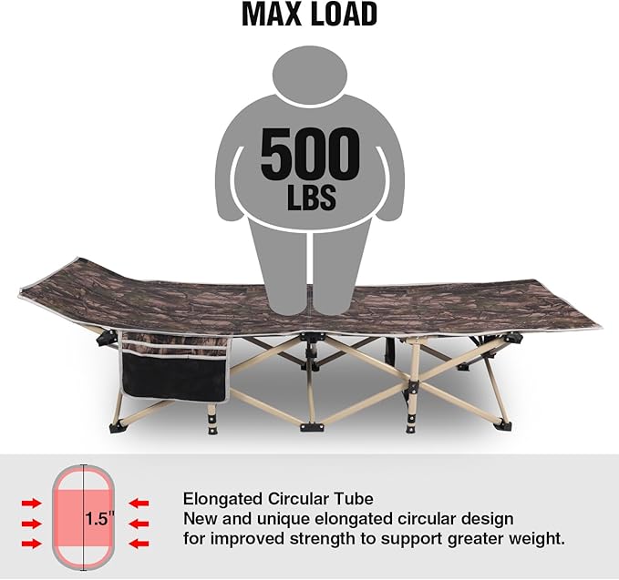 REDCAMP Folding Hunting Cots for Adults 500lbs XL Sleeping Cots for Hunting Extra Wide Portable for Camping Outdoor Travel Indoor Home Camo